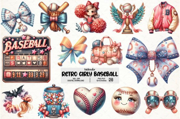 Download Watercolor Retro Girly Baseball Clipart - Girl Collection