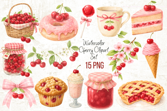Download Watercolor Cherry Clipart Set PNG - Cherry clipart Collection