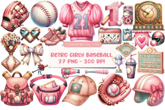 Download Watercolor Retro Girly Baseball Clipart - Girl Collection