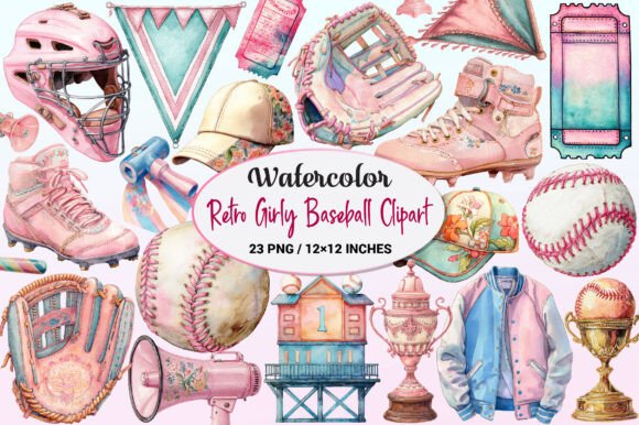 Download Watercolor Retro Girly Baseball Clipart. - Girl Collection