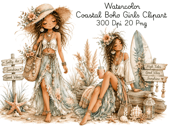 Download Watercolor Coastal Boho Girls Clipart Bu - Girl Collection