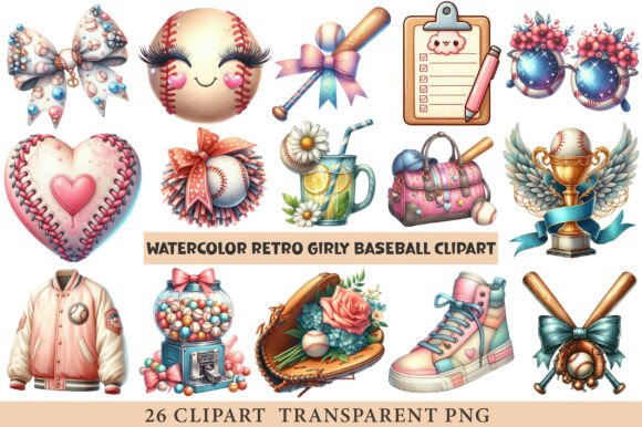 Download Watercolor Retro Girly Baseball Clipart - Girl Collection